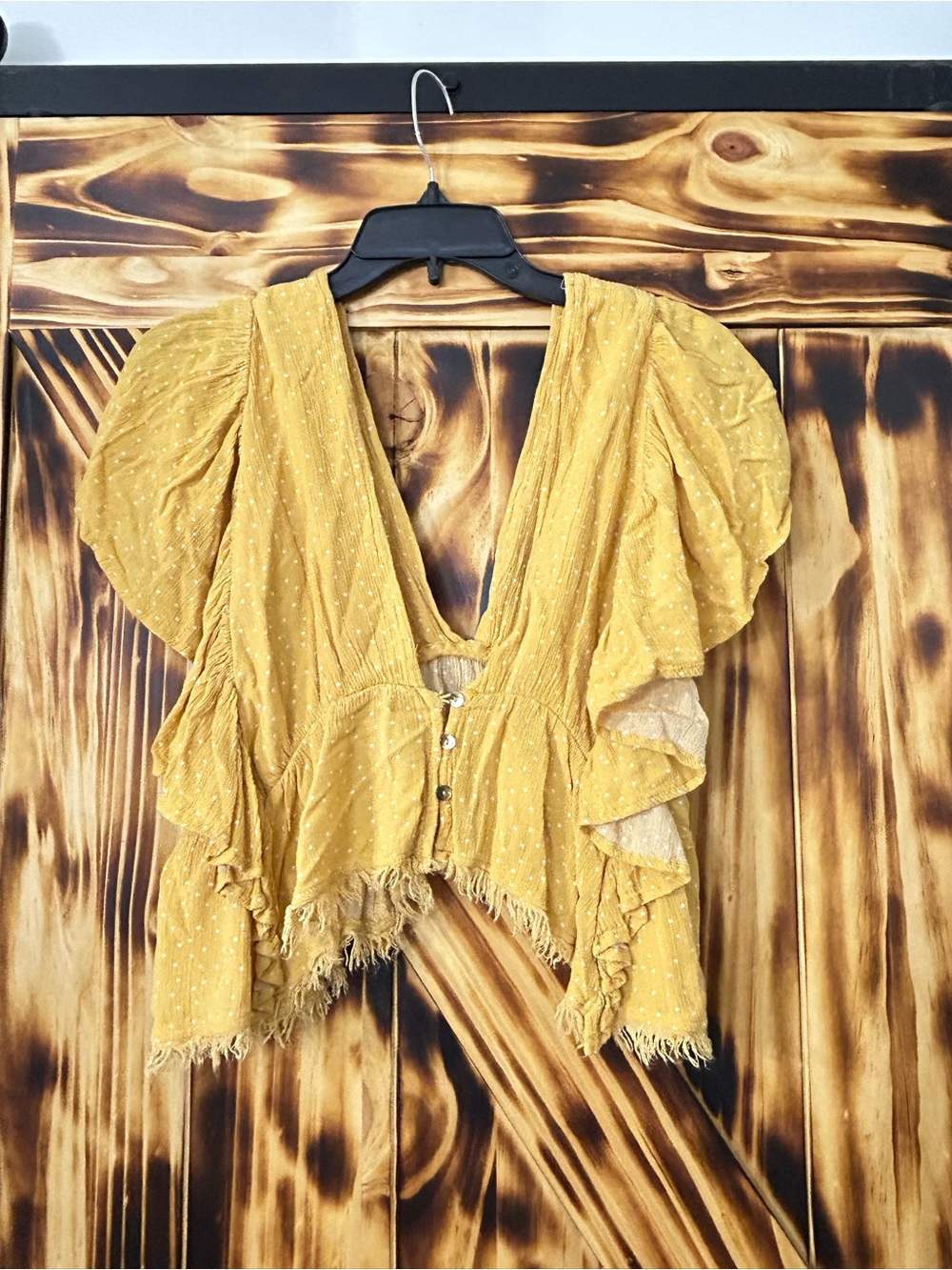 Storia Mustard Yellow Ruffle Flutter Sleeve V-Neck Top